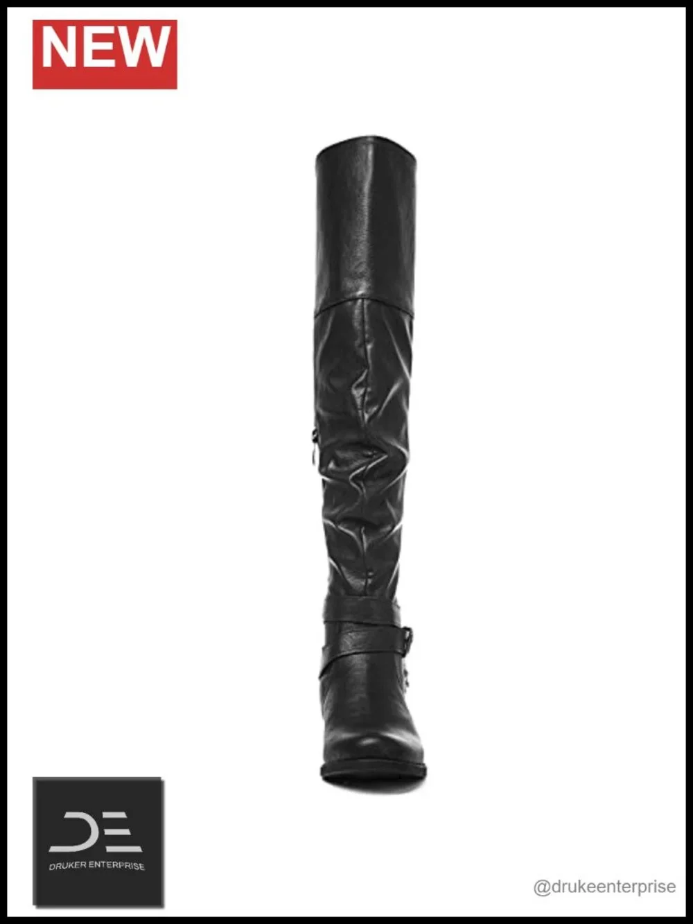 Faux Leather Over the Knee Boots, Slouchy Motorcycle Style with Low Block Heel